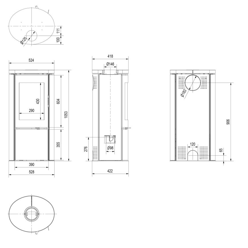 Kratki - Öppen spis i stål 8kW 150mm