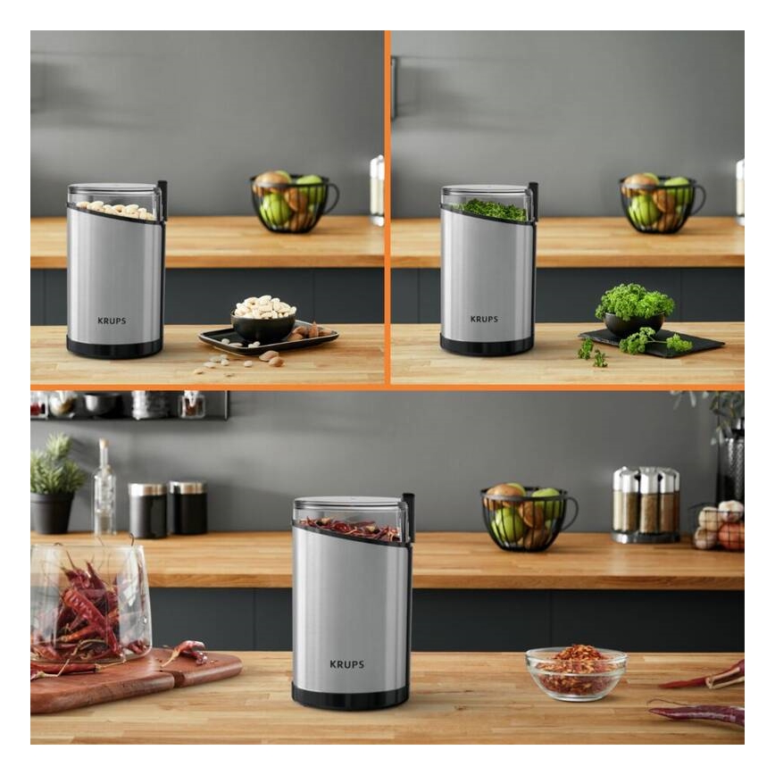 Krups - Elektrisk kaffebönkvarn 85g FAST-TOUCH 200W/230V matt krom