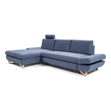L-formad bäddbar hörnsoffa AVESTA i blått, vänsterutförande, med förvaringsutrymme