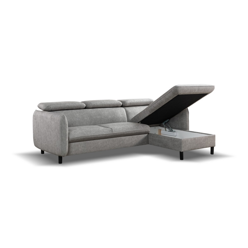 L-formad bäddbar hörnsoffa med förvaringsutrymme NISA, grå, högerutförande