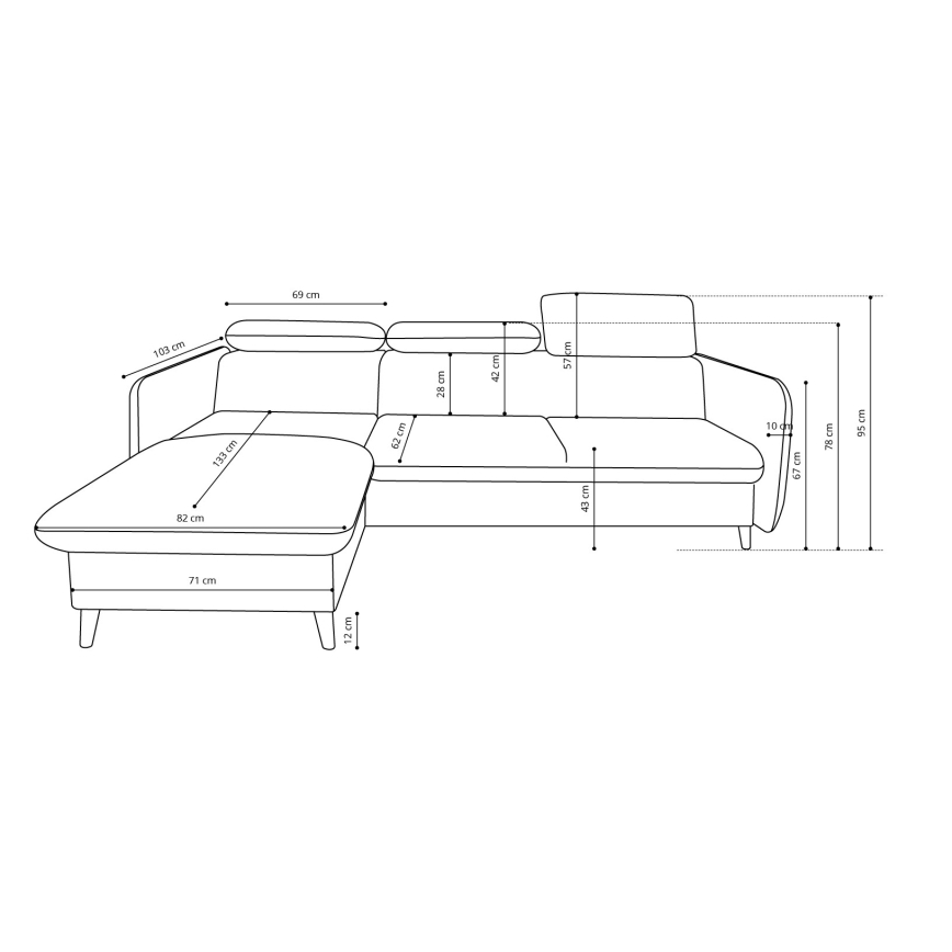 L-formad bäddbar hörnsoffa med förvaringsutrymme NISA, grå, högerutförande