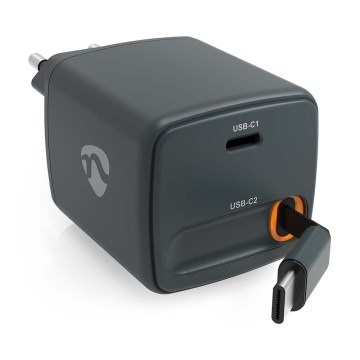 Laddare med indragbar kabel, Power Delivery 30W, 2x USB-C, svart
