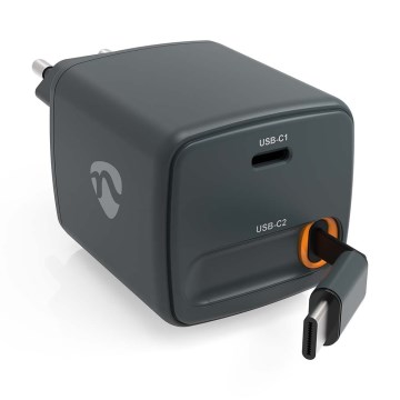 Laddare med upprullningsbar kabel, 65 W Power Delivery och 2 USB-C-portar, svart