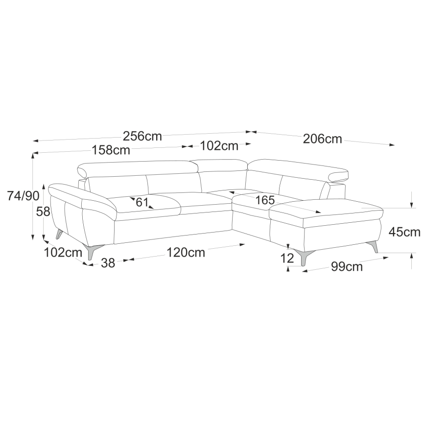 Utdragbar hörnsoffa i läder SALERNO II höger, grå