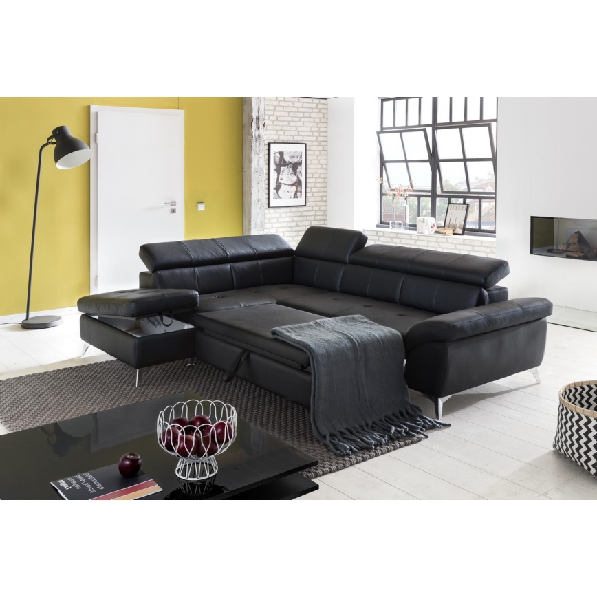 Utdragbar hörnsoffa i läder SALERNO II vänster svart