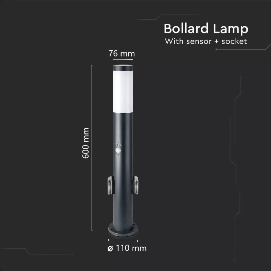 Lampa med sensor för utomhusbruk och 2 uttag SCHUKO 1xE27/60W/230V IP44 60cm svart