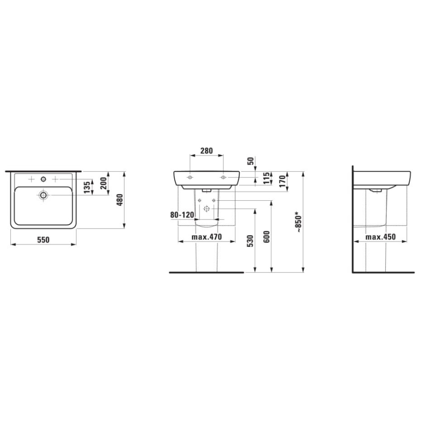 LAUFEN H8189510001041 - Tvättställ för bänkskiva/väggmontering PRO 55x48 cm keramik/vit
