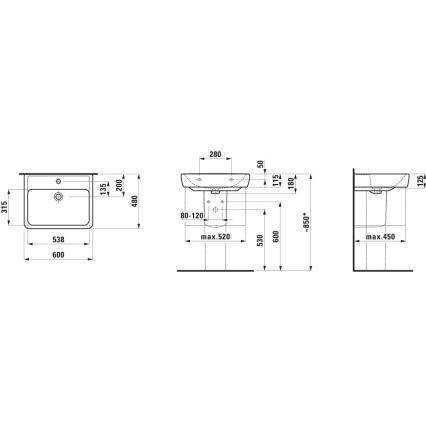 LAUFEN H8189520001041 - Tvättställ för bänkskiva/väggmontering PRO 60x48 cm keramik/vit