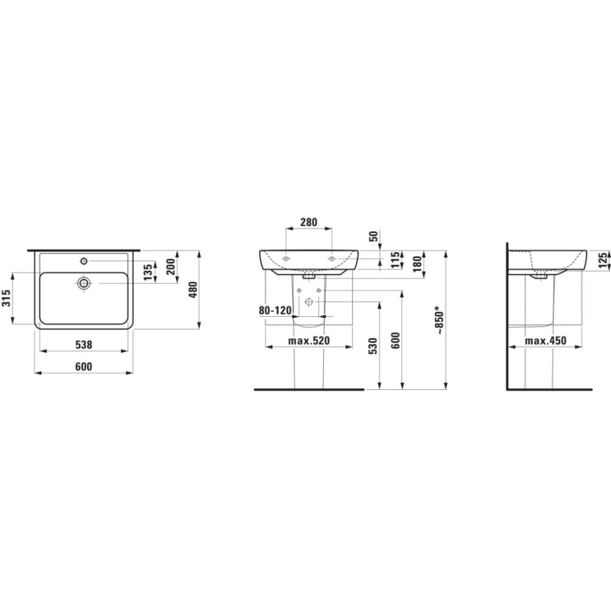 LAUFEN H8189520001041 - Tvättställ för bänkskiva/väggmontering PRO 60x48 cm keramik/vit
