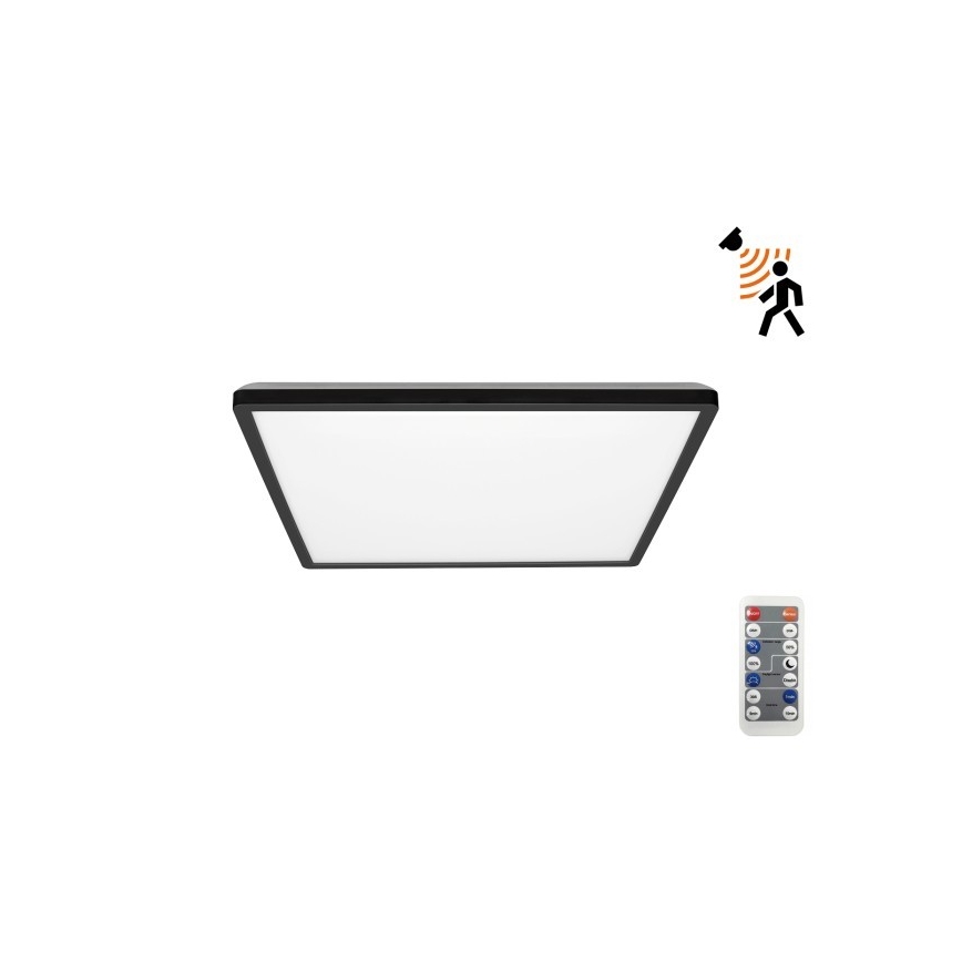 LED Badrumslampa med rörelse- och skymningssensor NIVERA LED/12W/230V IP54 3000/4000/6000K 22,5x22,5 cm svart + fjärrkontroll
