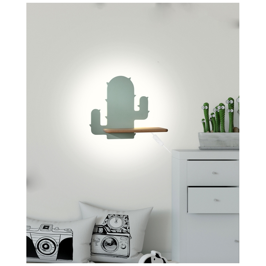 LED Barnvägglampa med hylla CACTUS LED/4W/230V grön/trä,