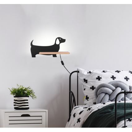 LED Barnvägglampa med hylla DOG LED/5W/230V svart/trä,
