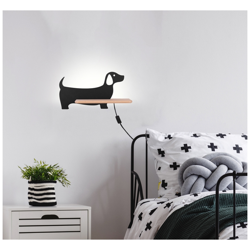 LED Barnvägglampa med hylla DOG LED/5W/230V svart/trä,