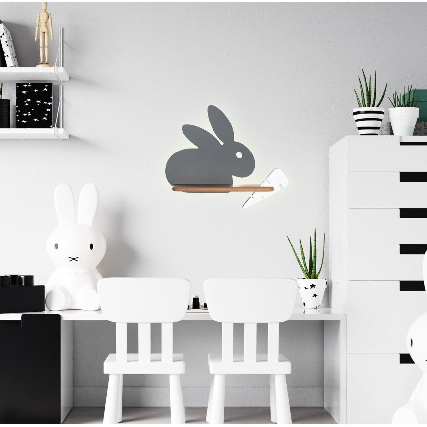 LED Barnvägglampa med hylla RABBIT LED/4W/230V grå/vit/trä,