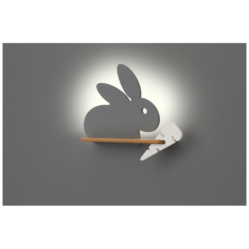 LED Barnvägglampa med hylla RABBIT LED/4W/230V grå/vit/trä,