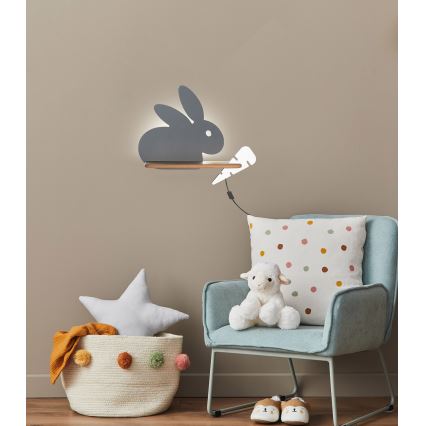 LED Barnvägglampa med hylla RABBIT LED/4W/230V grå/vit/trä,