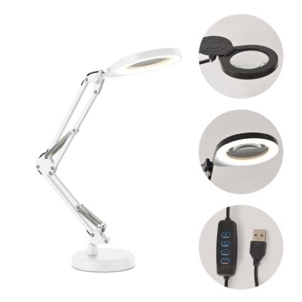 LED dimbar bordslampa med lupp 2 i 1 AURIQ LOUPE LED/10W/5V 3000/4000/6500K vit