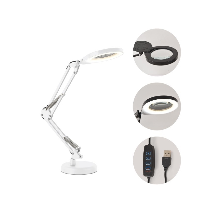 LED dimbar bordslampa med lupp 2 i 1 AURIQ LOUPE LED/10W/5V 3000/4000/6500K vit