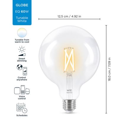 LED Dimbar glödlampa FILAMENT G125 E27/7W/230V 2700-6500K CRI 90 Wi-Fi - WiZ