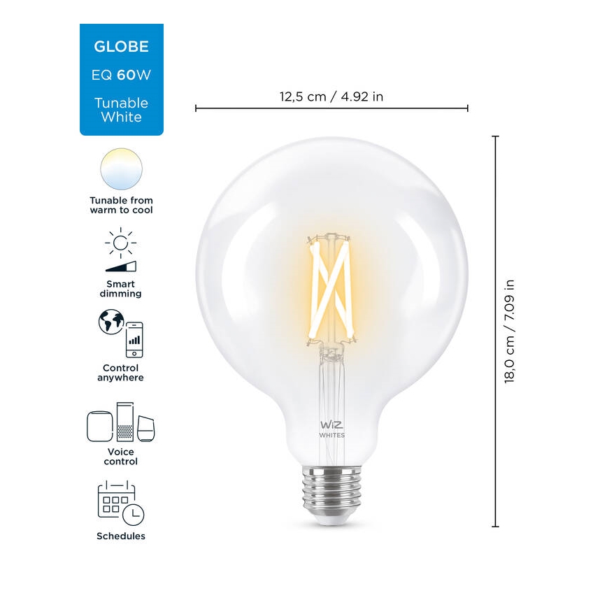 LED Dimbar glödlampa FILAMENT G125 E27/7W/230V 2700-6500K CRI 90 Wi-Fi - WiZ