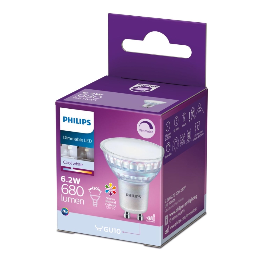 LED Dimbar glödlampa Philips GU10/6,2W/230V 4000K CRI 90