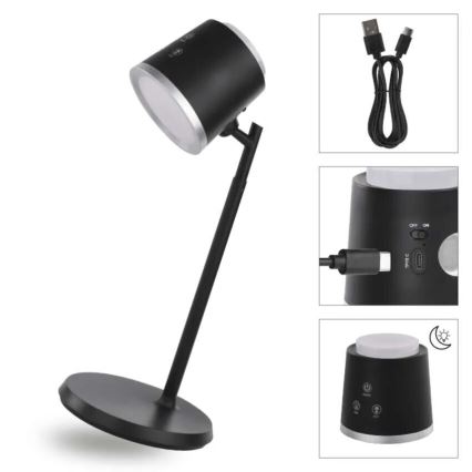 LED Dimbart uppladdningsbart skrivbordslampa 4-i-1 LED/6W/3,7V 3000K/4000K/6500K 1500mAh svart