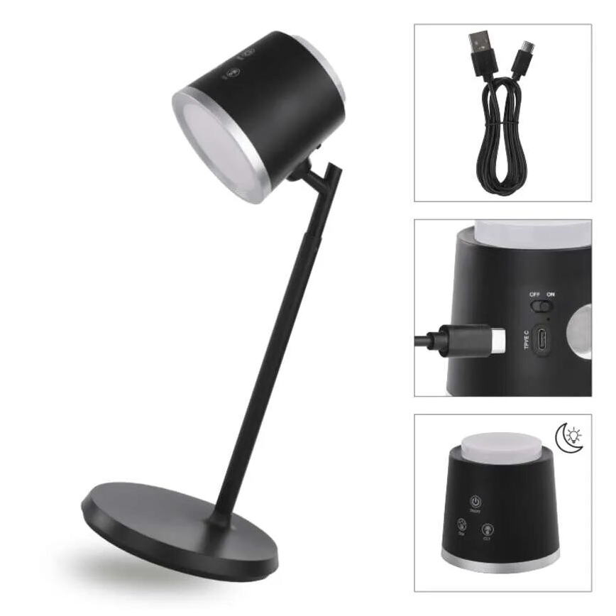 LED Dimbart uppladdningsbart skrivbordslampa 4-i-1 LED/6W/3,7V 3000K/4000K/6500K 1500mAh svart