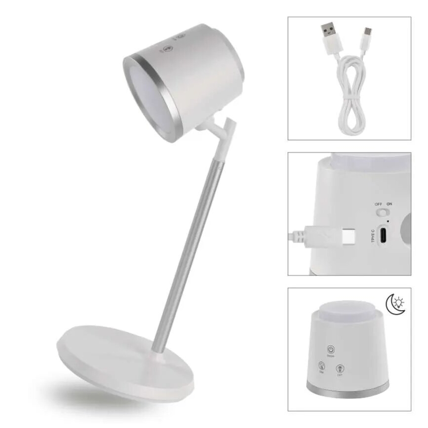 LED Dimbart uppladdningsbart skrivbordslampa 4-i-1 LED/6W/3,7V 3000K/4000K/6500K 1500mAh vit