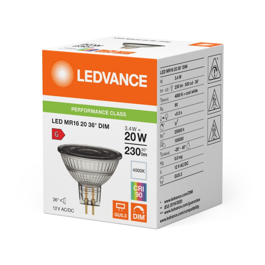 LED dimbar reflektorlampa MR16 GU5,3/3,4W/12V 4000K 36° CRI 90 - Ledvance