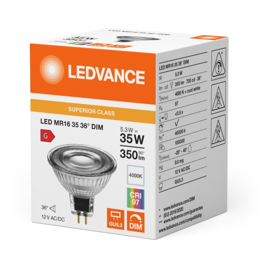 Dimbar LED-reflektorlampa MR16 GU5,3/5,3W/12V 4000K 36° CRI 97 - Ledvance