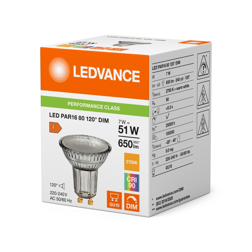 Dimmbar LED-reflektorlampa PAR16 GU10/7W/230V 2700K 120° CRI 90 - Ledvance