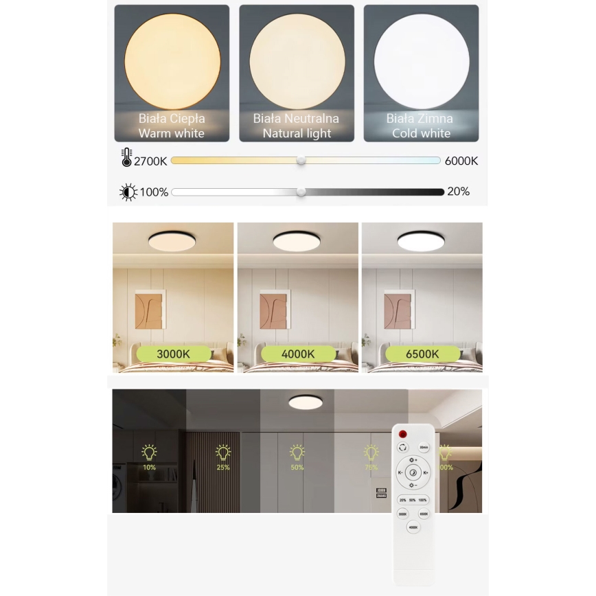 LED Dimbar taklampa LED/60W/230V 3000-6500K diameter 60 cm svart + fjärrkontroll