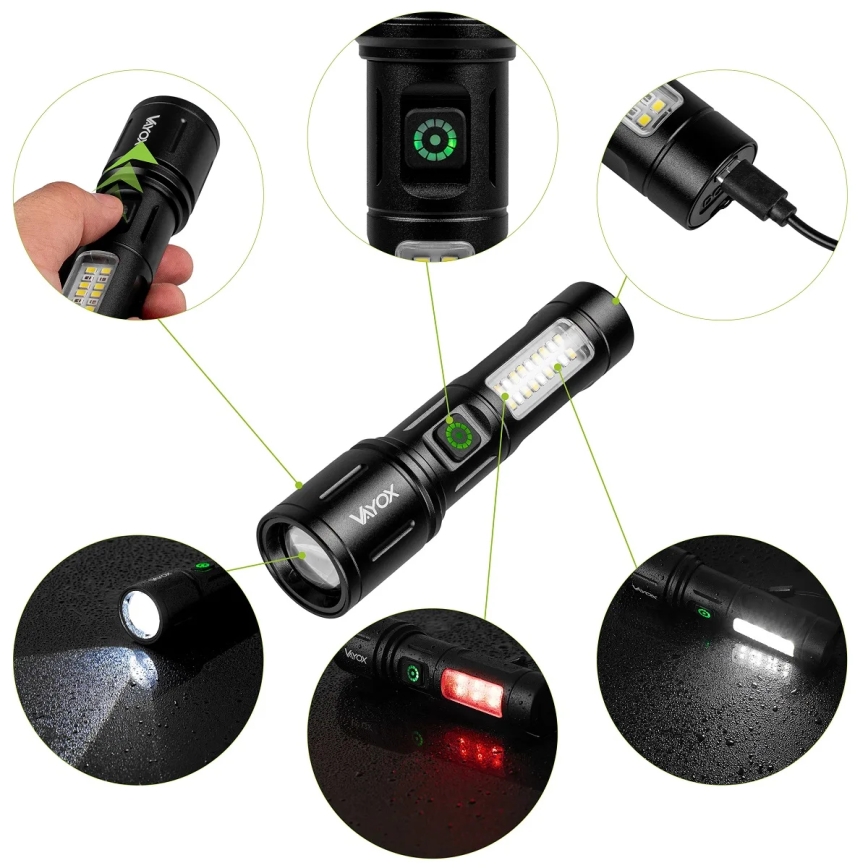 LED Dimbart uppladdningsbart ficklampa med rött ljus LED/5W/5V IPX4 260 lm 2000 mAh