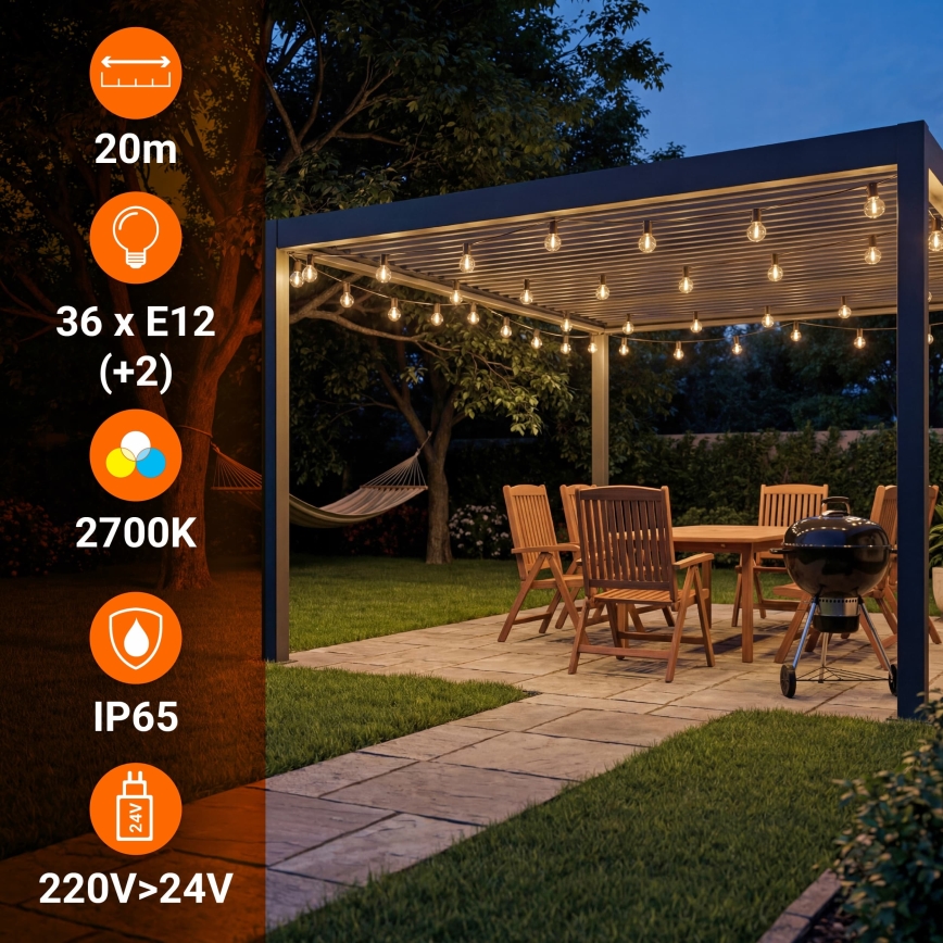 LED-dimbar utomhus dekorationsljusslinga 36xE12/1W/24/230V 22,35 m IP65 svart + fjärrkontroll