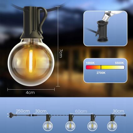 LED dimbar utomhusljusslinga 25xE12/1W/24/230V 17,5 m IP65 svart + fjärrkontroll