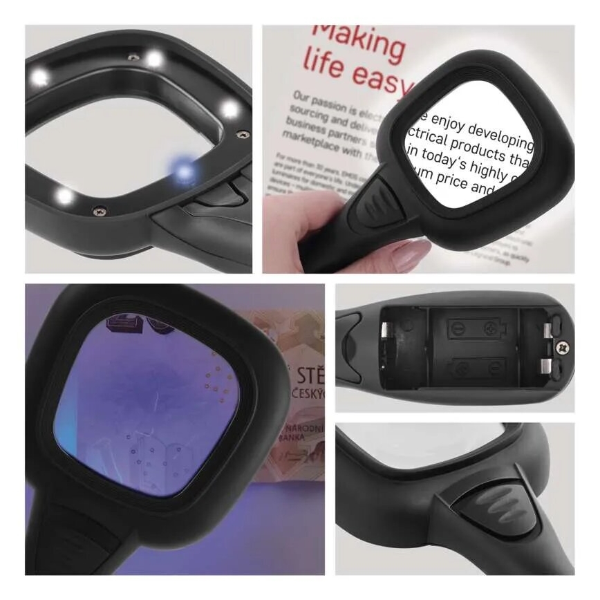 LED Förstoring 2,5xZOOM med bakbelysning och UV-ljus LED/UV/2xAAA