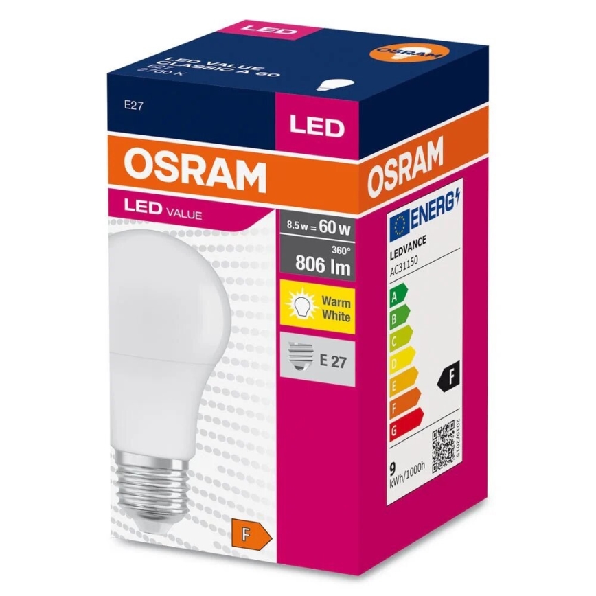 LED glödlampa A60 E27/8,5W/230V 2700K - Osram