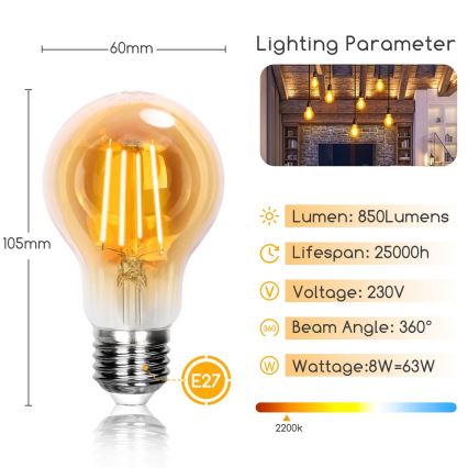 LED Glödlampa A60 E27/8W/230V 2200K - Aigostar