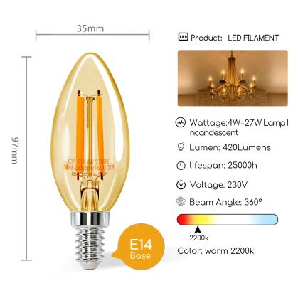LED glödlampa C35 E14/4W/230V 2200K - Aigostar