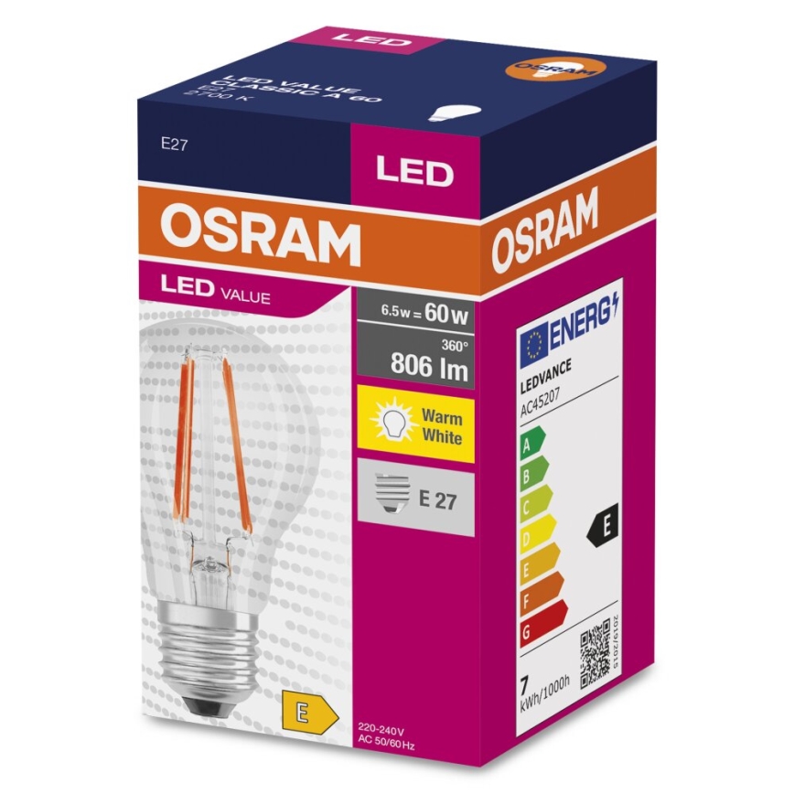 LED glödlampa FILAMENT A60 E27/6,5W/230V 2700K - Osram