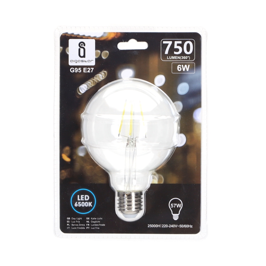 LED glödlampa FILAMENT G95 E27/6W/230V 6500K - Aigostar