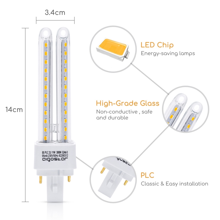 LED glödlampa G24D-3/11W/230V 3000K - Aigostar
