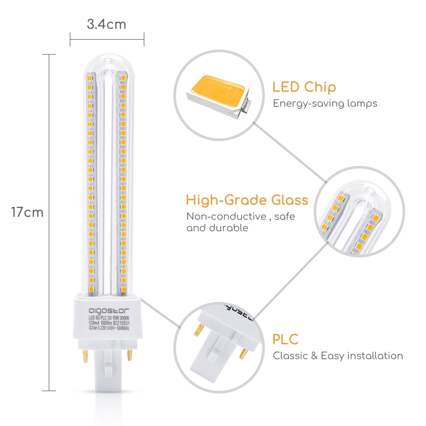 LED glödlampa G24D-3/15W/230V 3000K - Aigostar