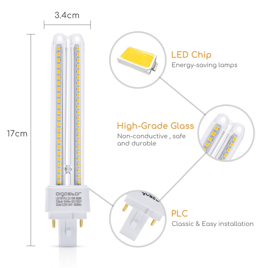 LED glödlampa G24D-3/15W/230V 4000K - Aigostar