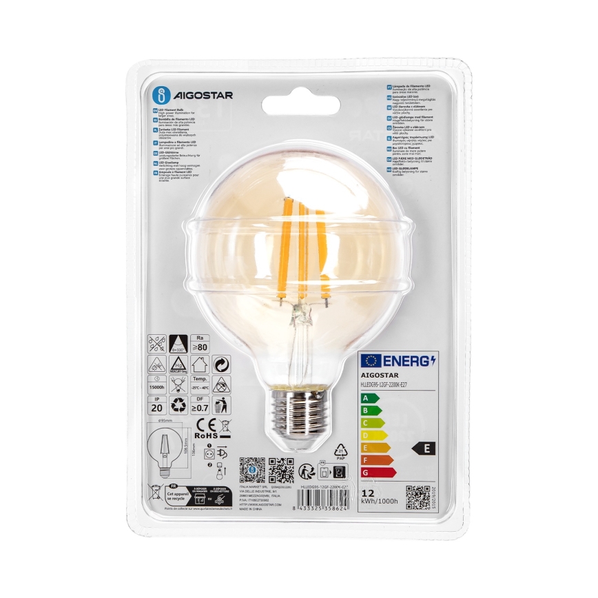LED glödlampa G95 E27/12W/230V 2200K - Aigostar
