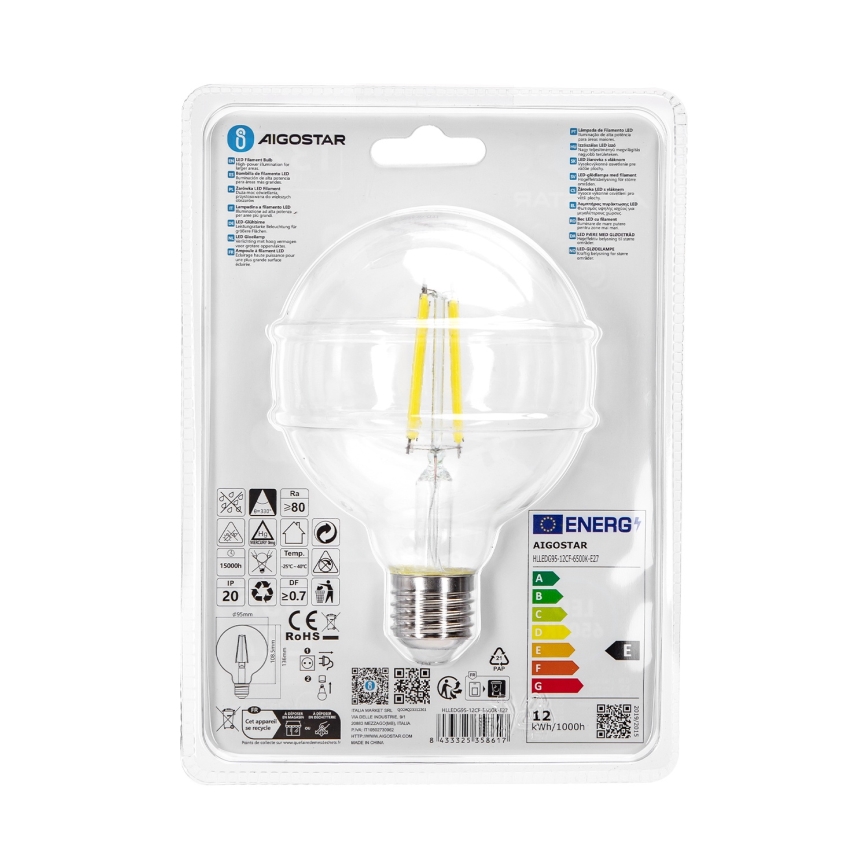 LED glödlampa G95 E27/12W/230V 6500K - Aigostar