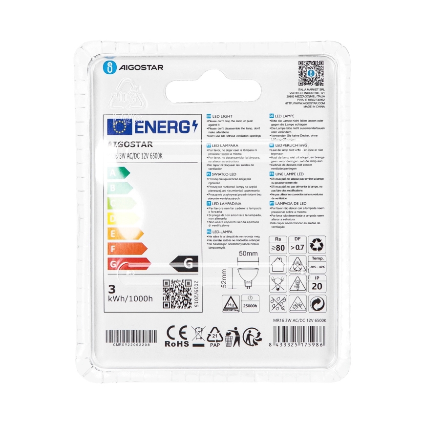 LED glödlampa MR16 GU5,3/3W/12V 6500K - Aigostar