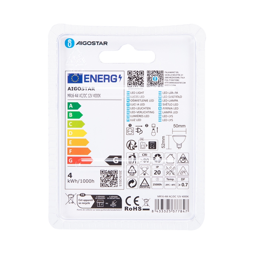 LED glödlampa MR16 GU5,3/4W/12V 4000K - Aigostar
