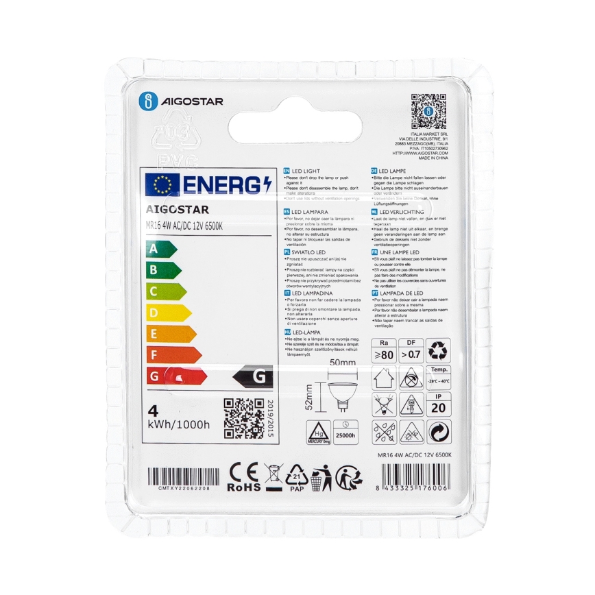 LED glödlampa MR16 GU5,3/4W/12V 6500K - Aigostar