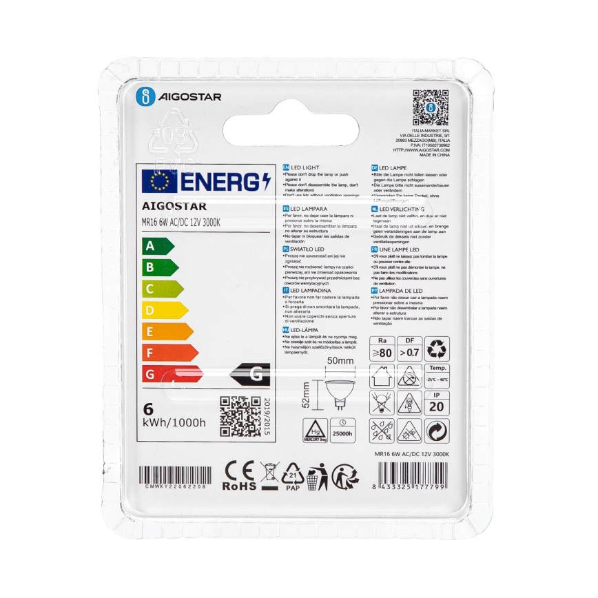 LED glödlampa MR16 GU5,3/6W/12V 3000K - Aigostar